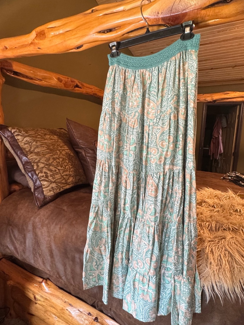 Smocked Waist Paisley Maxi Skirt in Teal and Peach